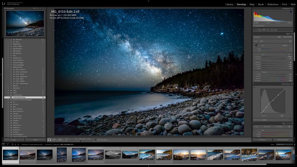 Image of a starry night photo opened in the Lightroom adjustments panel