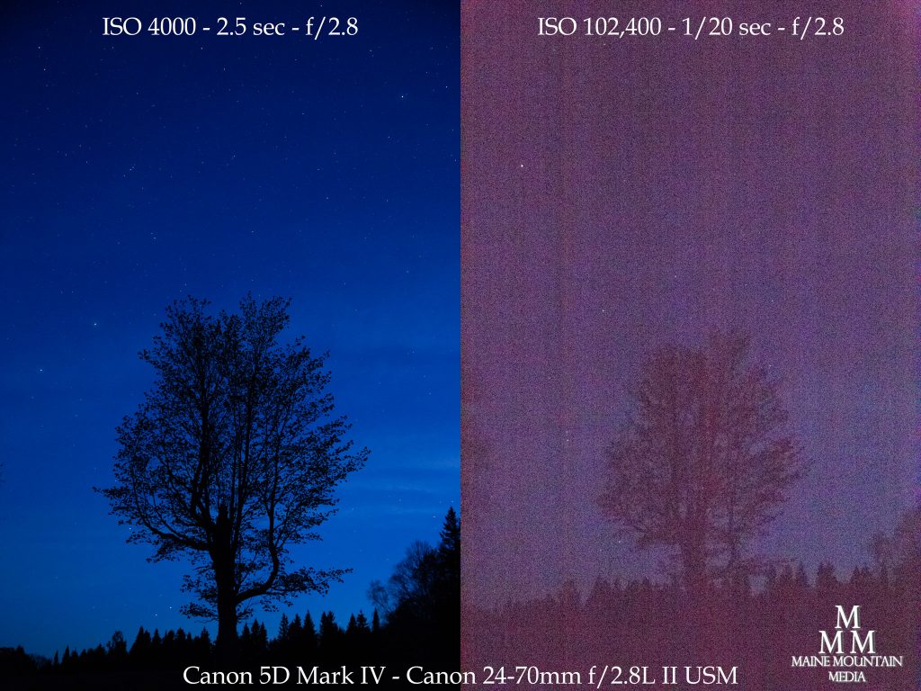 Side to side images of stars and a night sky showing the differences between a low and high ISO