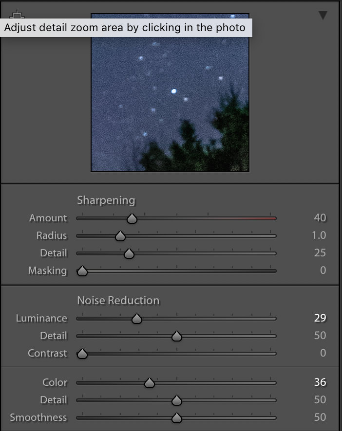 Image of the sharpening panel in Lightroom for sharpening a starry night photo