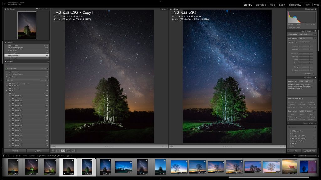 Image of two photos side by side opened in Lightroom showing the before and after of editing star photography