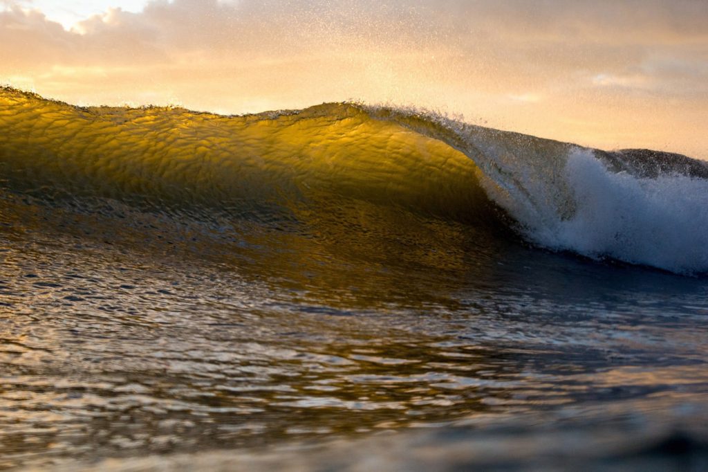 Nature photography image of a green and blue wave in front of the sunset