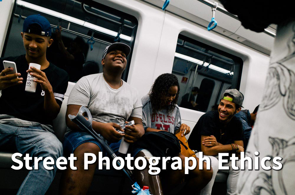 Teenagers on a subway car laughing with text overlay saying 'street photography ethics'.