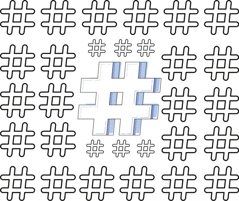 A pattern of hashtags on a white background.