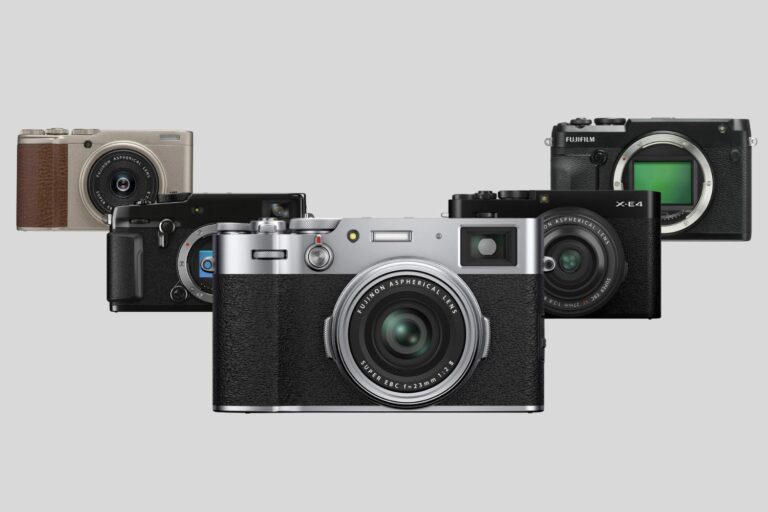 Fujifilm cameras against a gray background: the X100V, the X-Pro4 and X-E4 in the second row, and the XF10 and GFX50R in the back row.