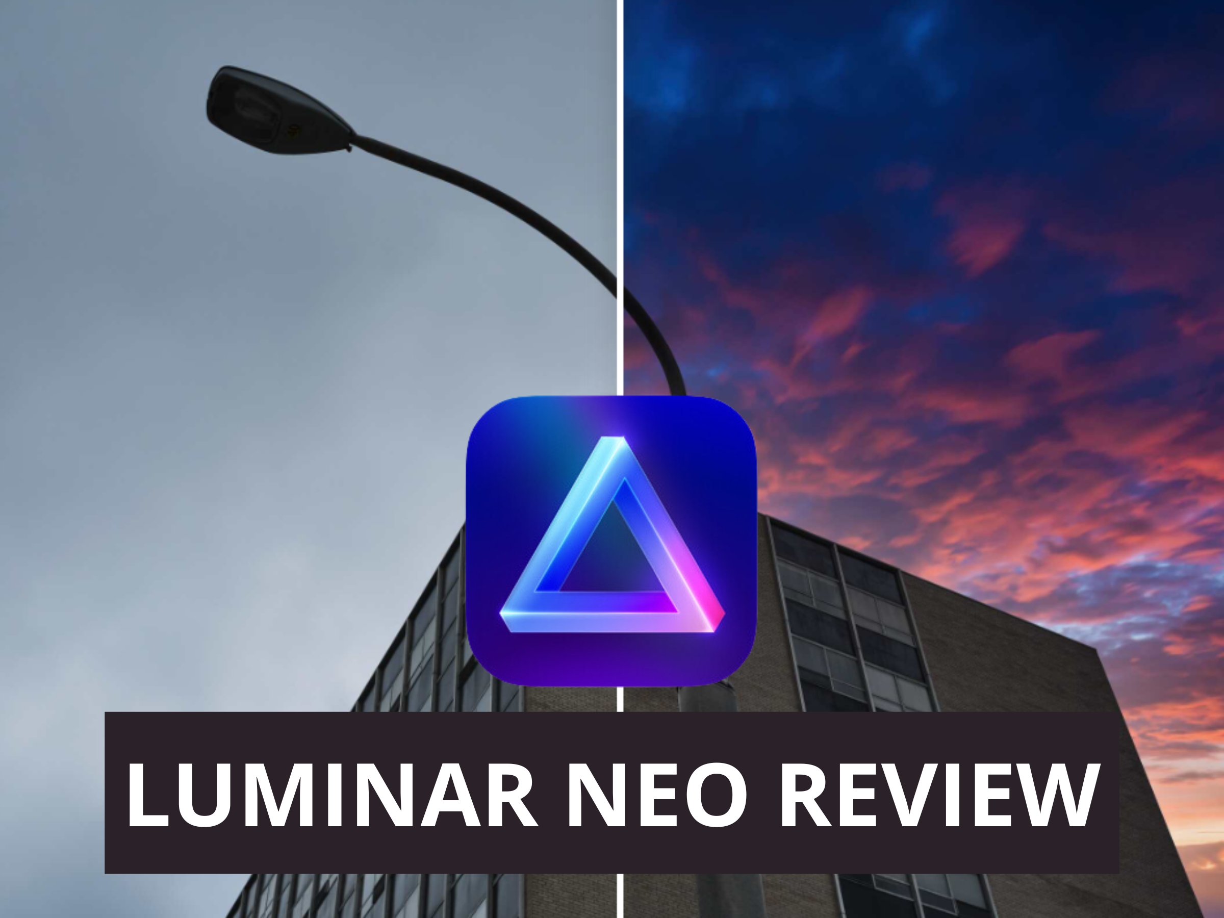 A before and after image where the sky was replaced using Luminar Neo and their logo.