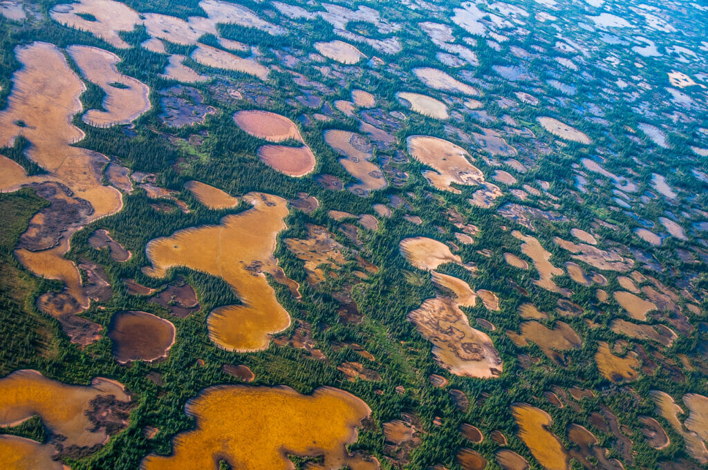 An aerial view of an area with many lakes and ponds.