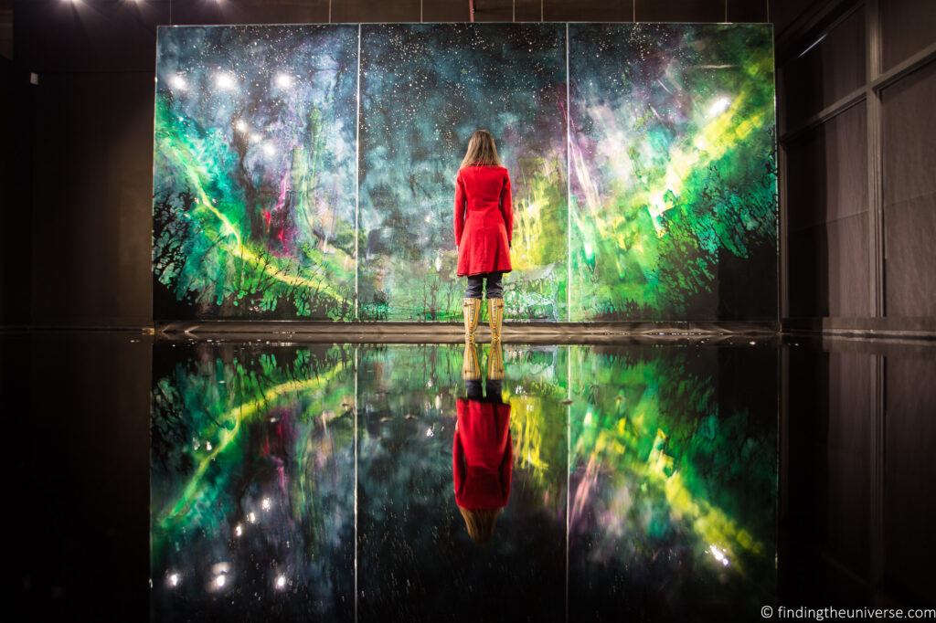 A woman in a red jacket in front of a painting.