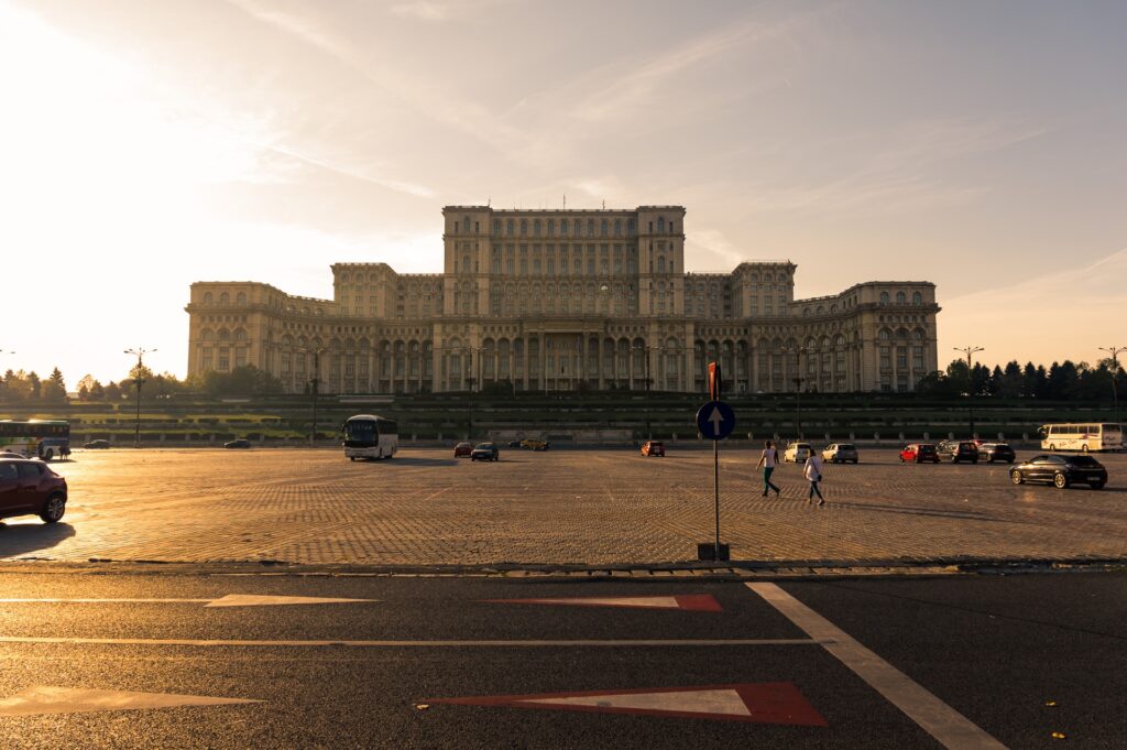 The palace of the parliament at sunset.
